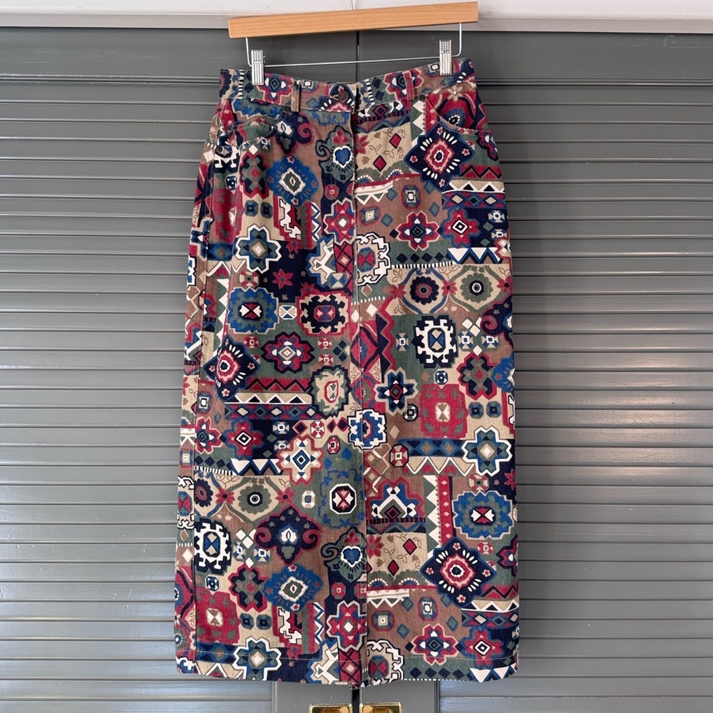 Vintage Gotcha Covered Aztec Print Denim Midi Skirt